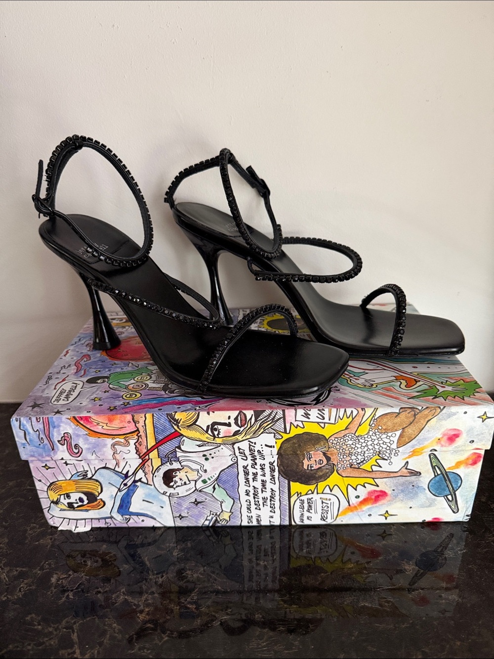Jeffrey Campbell Black Beaded Strappy High Heel Sandals